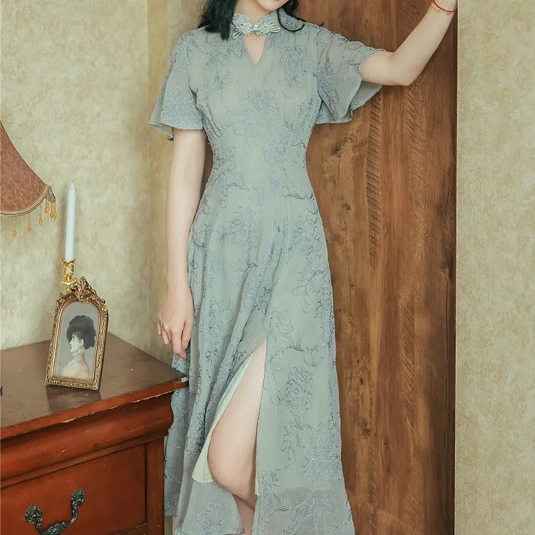 Women Cottagecore Dress Vintage Stand Collar Embroidery Cheongsam Dress Summer Dress