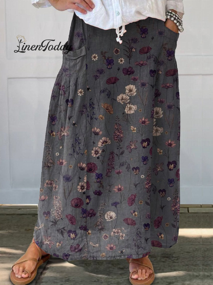 Women&rsquo;s Flower Art Print Linen Pocket Skirt Multicolor / S