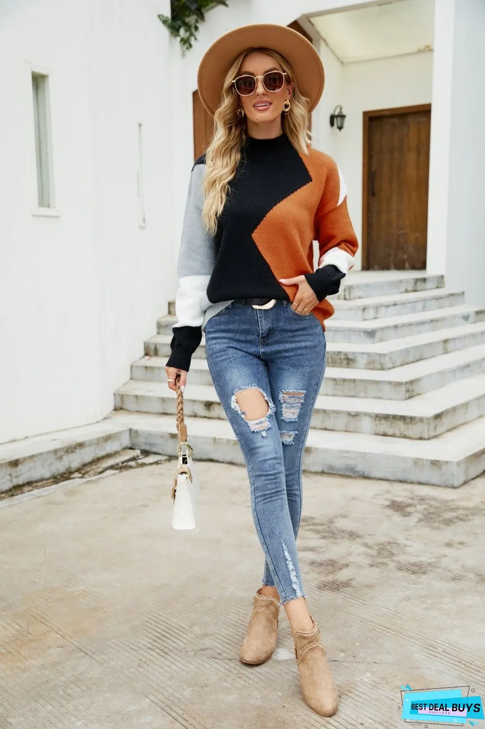 Autumn/winter fashion crewneck paneling contrast knitwear loose pullover half-turtleneck sweater woman