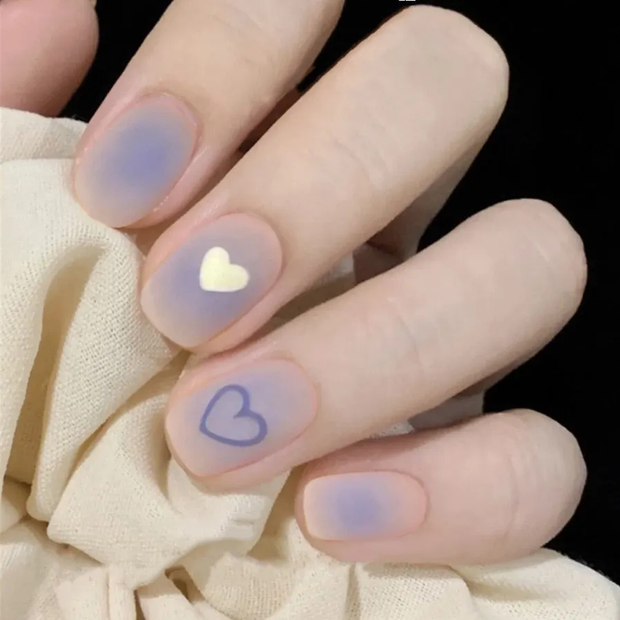 24Pcs Coffee Color With Grids Heart Designs False Nail Full Cover Fake Nails with Glue Detachable Wearable Manicure Nail Tips-Nail Inspo
