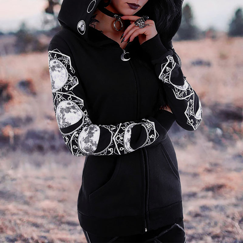 Moon Print Long Sleeve Zip Hoodie elevenforest