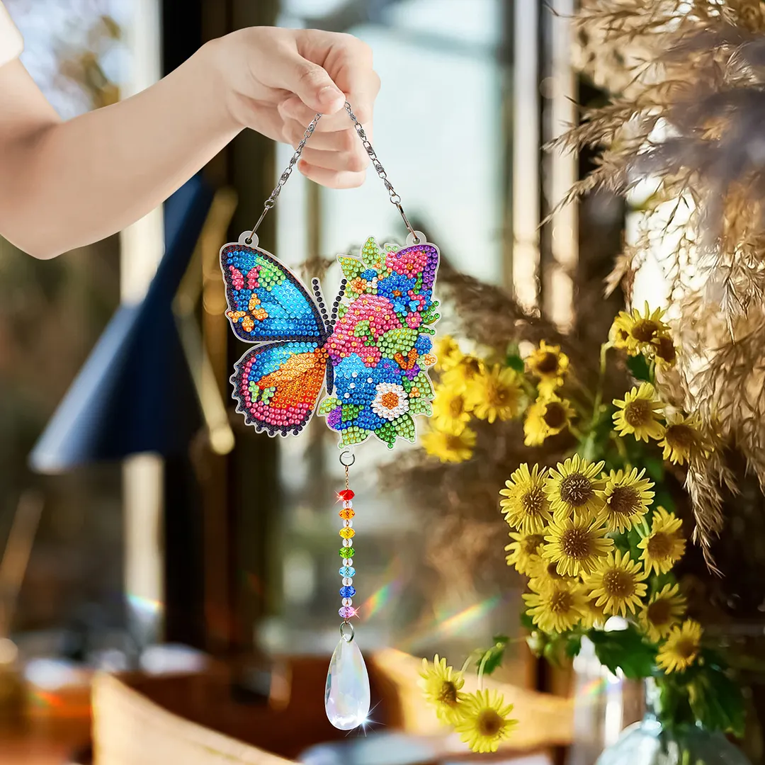 2Pcs Butterfly DIY Double-Sided Diamond Painting Hanging Kits Diamond Painting Suncatcher Craft Kit for Home Garden Wall Decor Gift