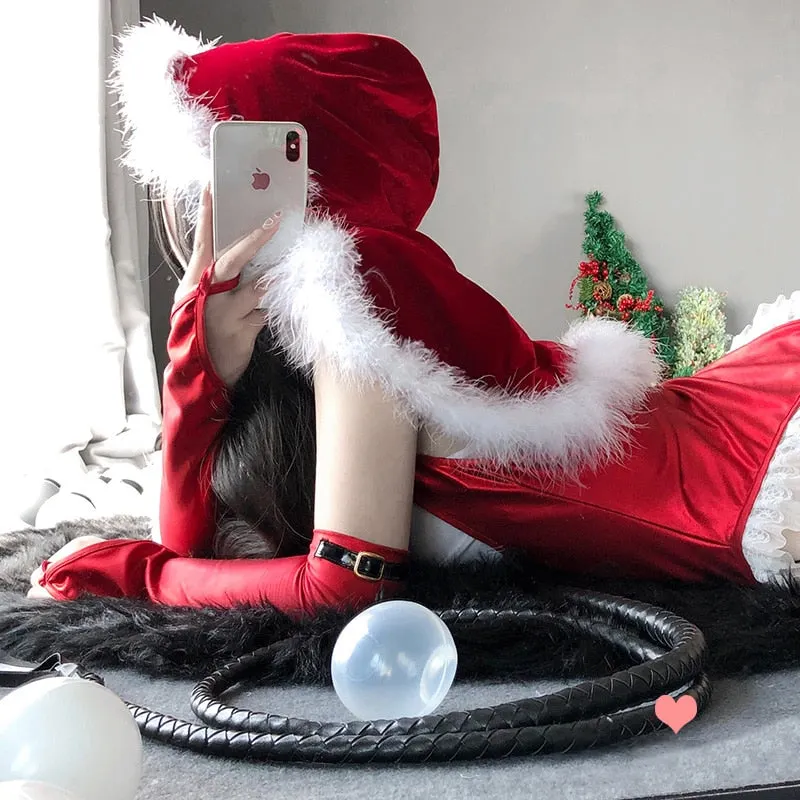 OJBK Red Christmas Princess Cosplay Costumes Sexy Bodysuit With Shawl Gloves Stocking Open Chest Outfit Temptation Anime Hot Set