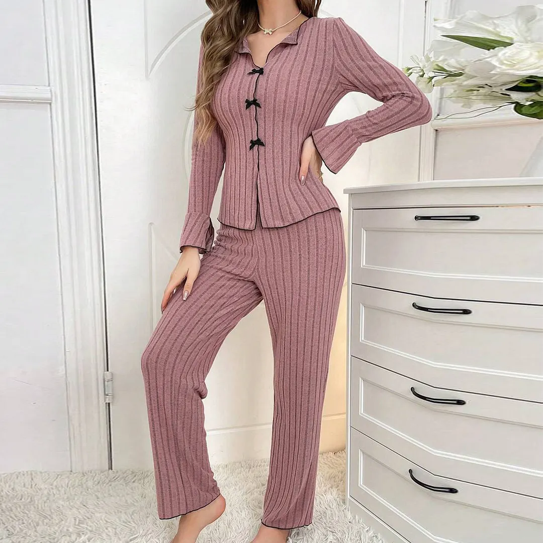 Churchf Pajamas Women Simple Fashion Collar Casual Bow Long Sleeve Trousers Homewear Suit Women