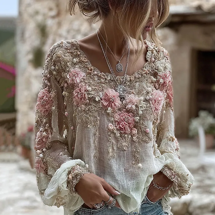 Women's Pink Rose Embroidery Art Round Neck Long Sleeve Linen Blend T-shirt
