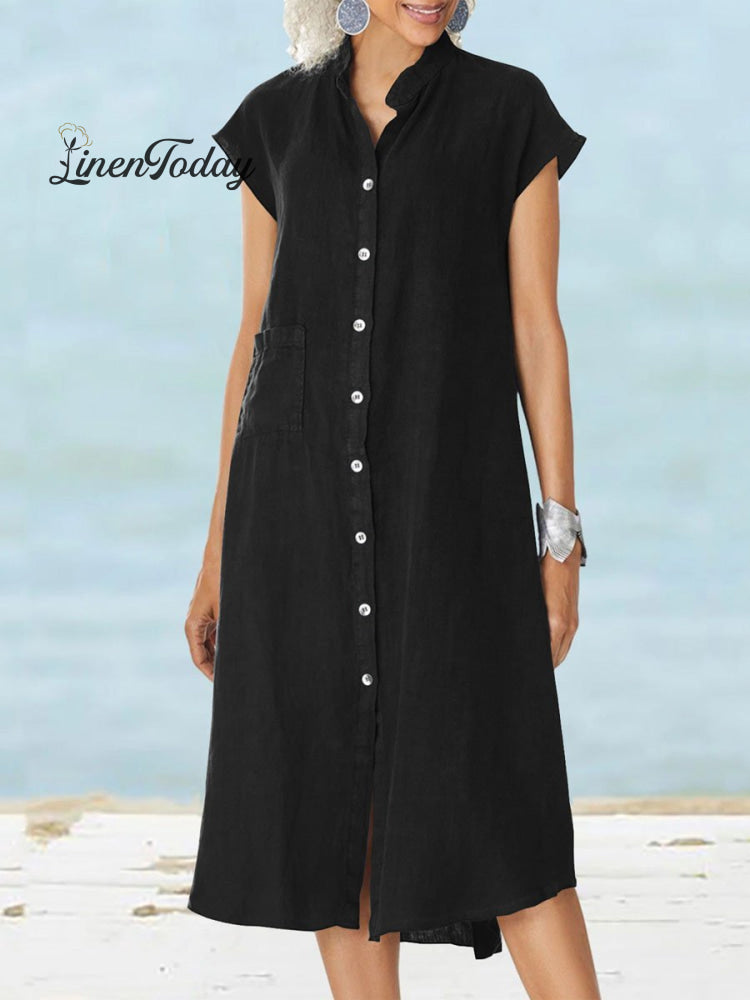 Women&rsquo;s Solid Color Loose Elegant Casual Cotton And Linen Dress Black / S
