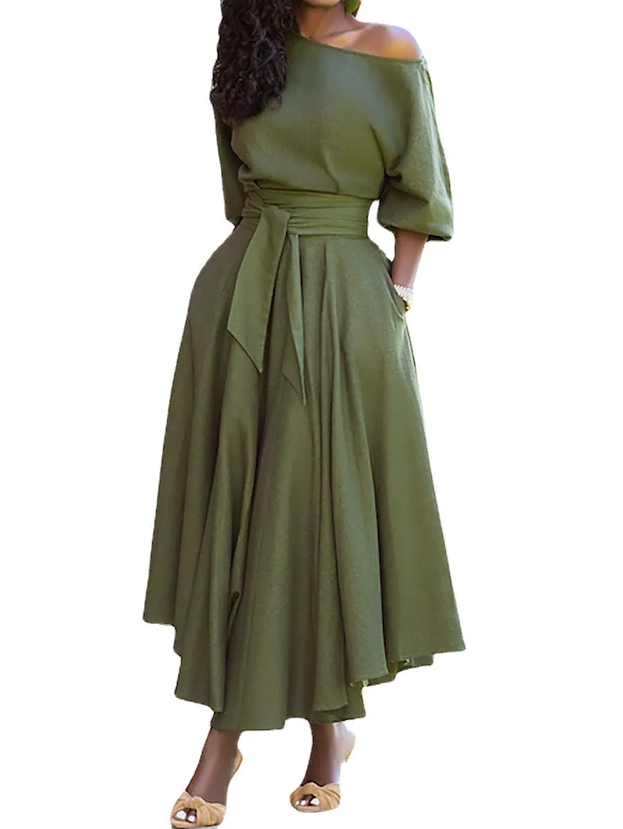 Brownm Collar Lace-up Waist-controlled Temperament Pure Color Dresses