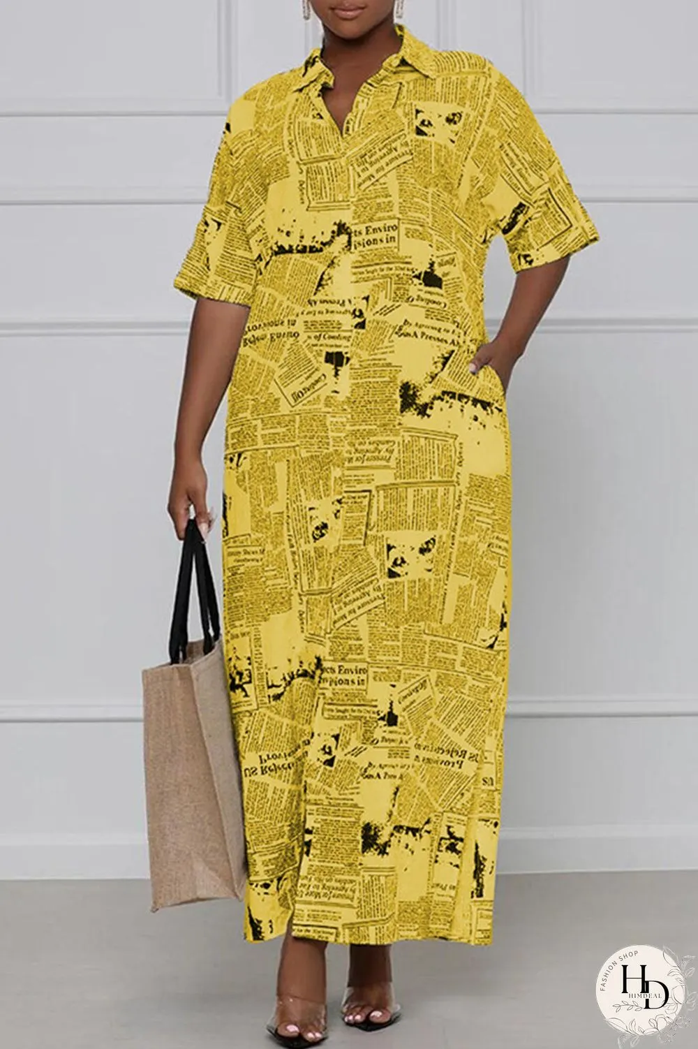 White Casual Print Split Joint Turndown Collar Shirt Dress Dresses
