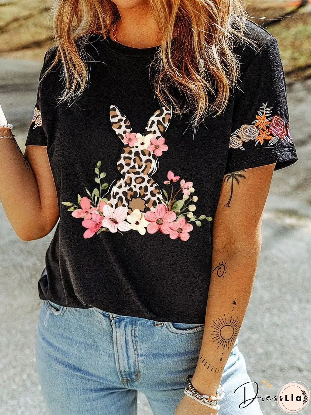 Elegant Black Easter Bunny Floral Embroidered Tee