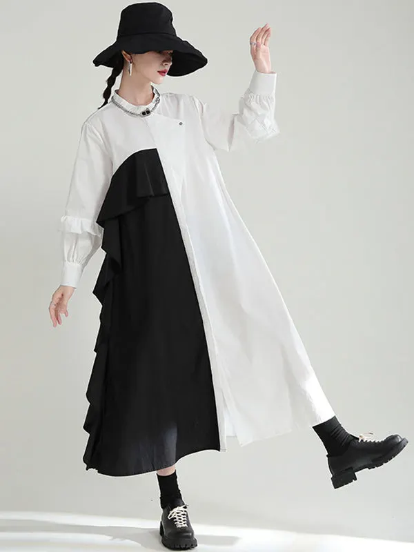 Urban Contrast Color Split-Joint Long Sleeves Midi Dress