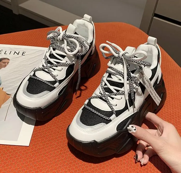 New Black Dad Chunky Sneakers Casual Vulcanized Shoes Woman High Platform Sneakers Lace Up White Sneakers Women 2022