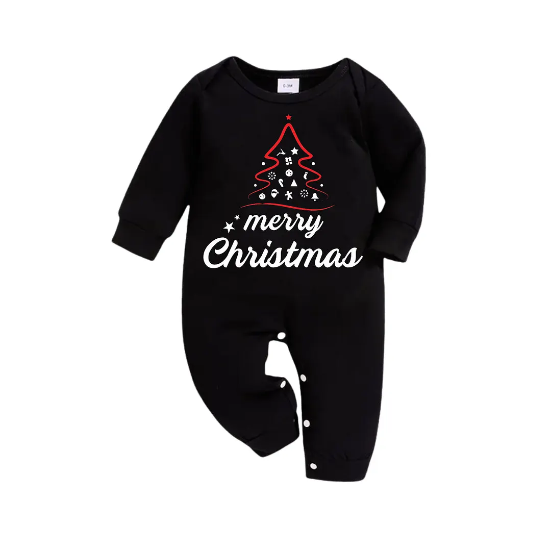 Red Christmas Tree Stick Figure - Black Top with Red & Green Plaid Pants Family Matching Pajama