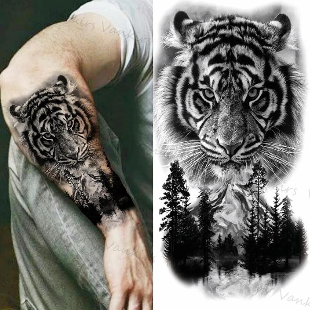 Sdrawing Lion Crown Temporary Tattoos For Women Men Wolf Compass Tiger Mountain Flower Fake Tattoo Sticker Arm Body Tatoos