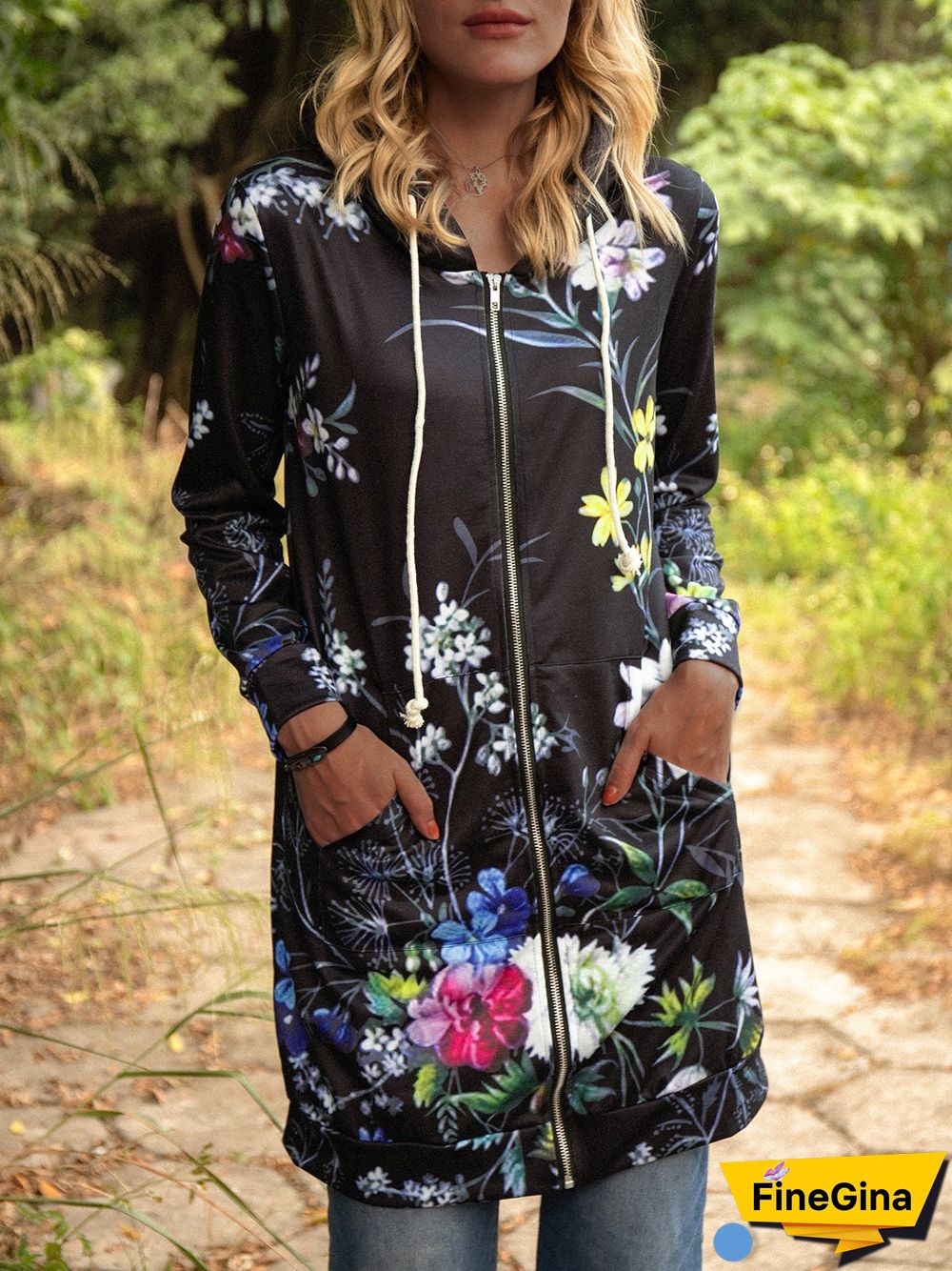 Gray Floral Long Sleeve Adjustable Strap Cotton-Blend Knit coat
