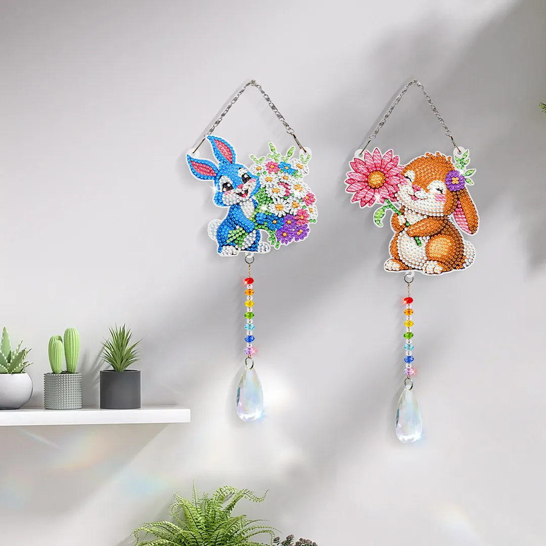 2Pcs Flower Rabbit DIY Double-Sided Diamond Painting Hanging Kits Diamond Painting Suncatcher Craft Kit for Home Garden Wall Decor Gift