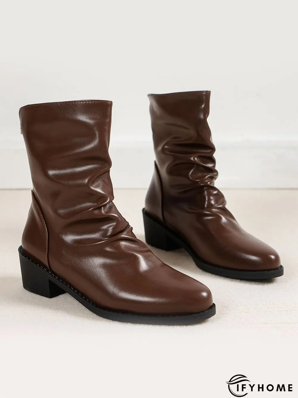 Ruched Zipper Pointed Toe Chunky Heel Boots | IFYHOME