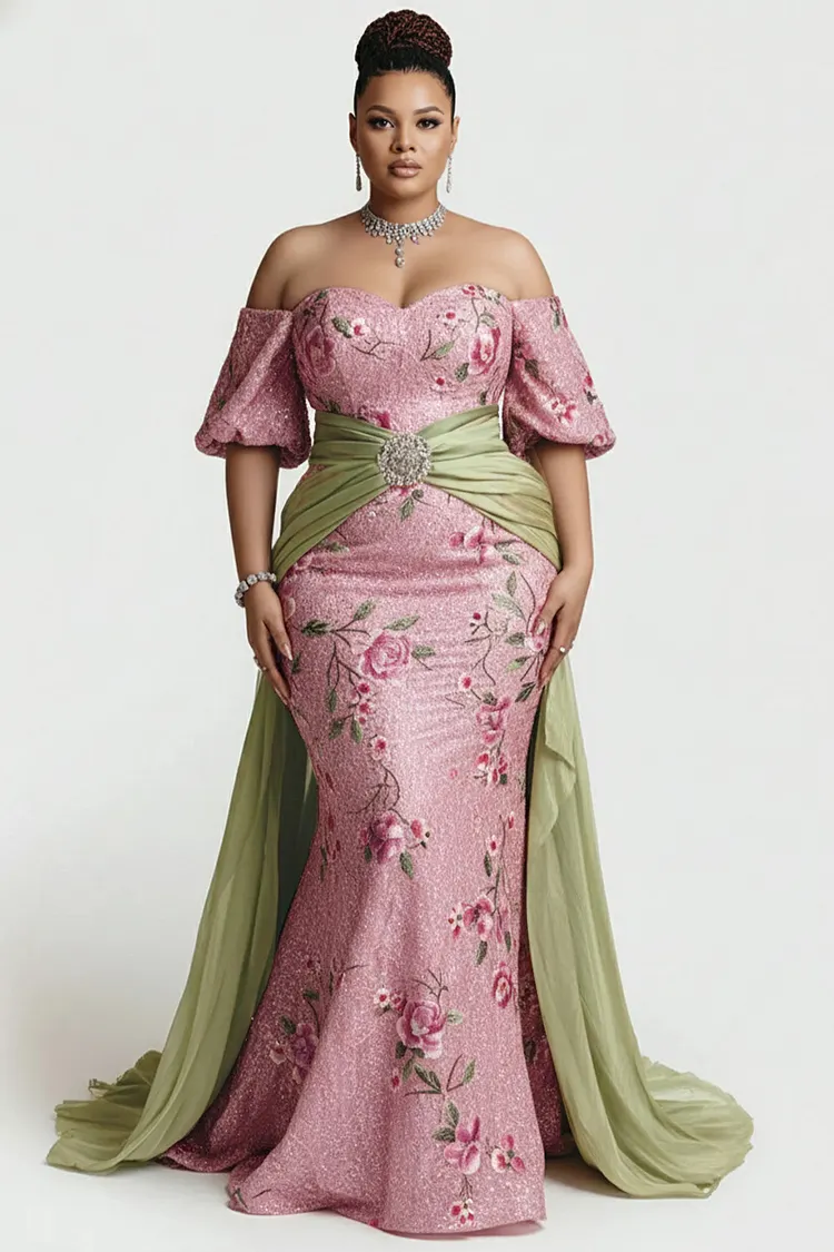 Xpluswear Design Plus Size Formal Organza Pink Floral Off The Shoulder Short Sleeve With&nbsp;Skirt&nbsp;Overlay Satin Maxi Dresses 2024 - Xpluswear