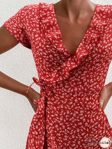 Dresses Floral V-Neck Ruffled Lace-Up Dress for Women