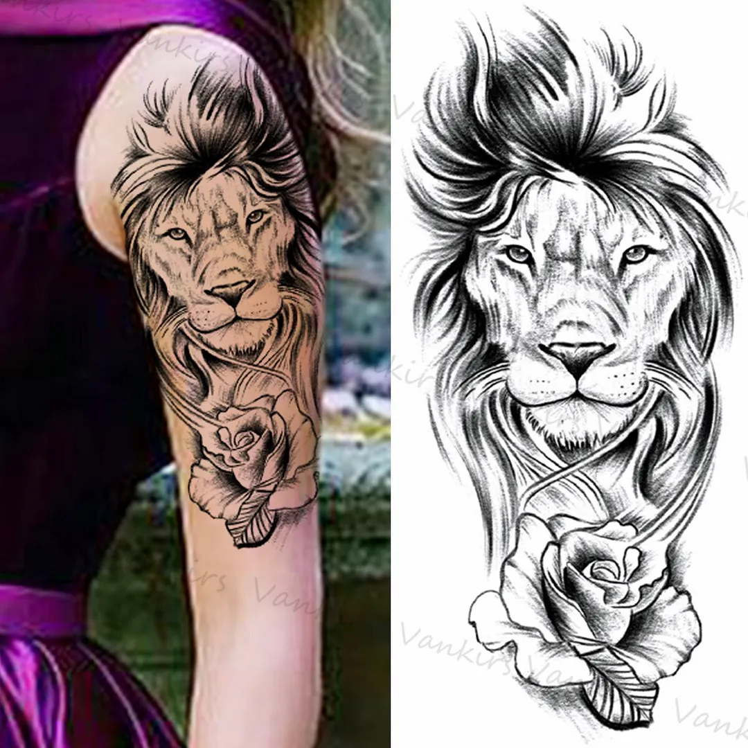 Sdrawing Lion Crown Temporary Tattoos For Women Men Wolf Compass Tiger Mountain Flower Fake Tattoo Sticker Arm Body Tatoos