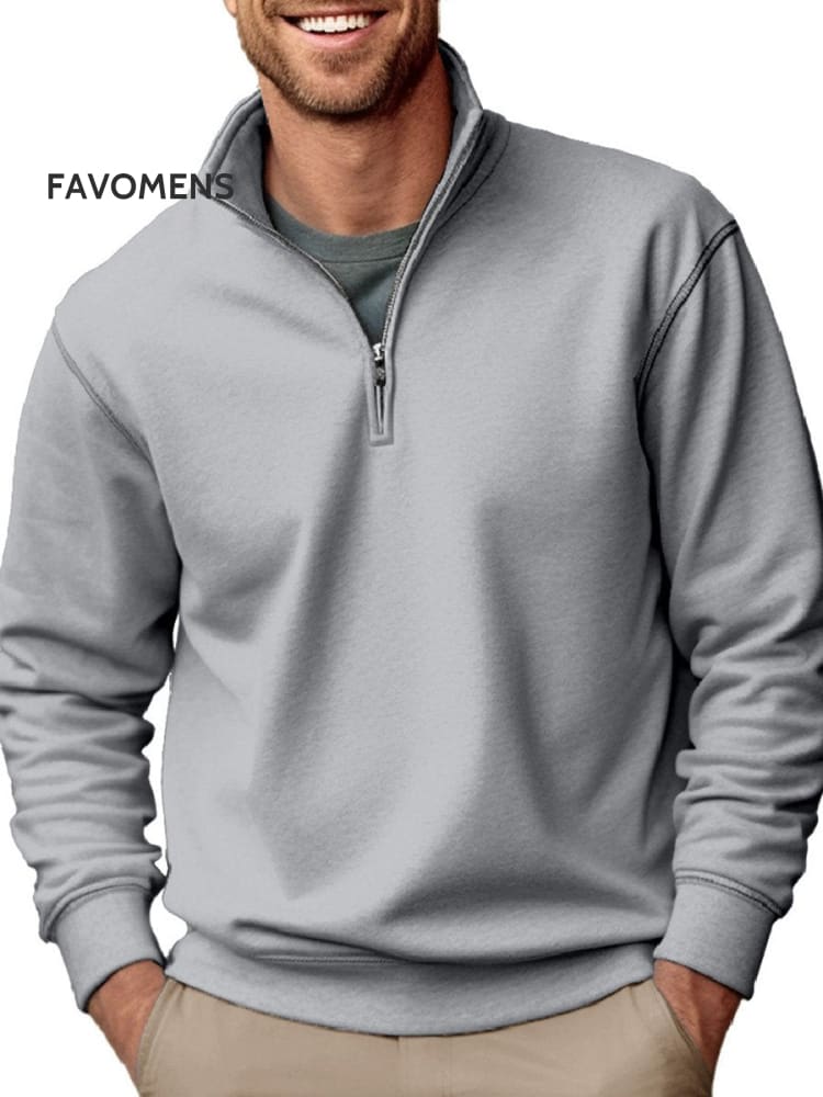 Men&rsquo;s Stand Collar Zippered Velvet Solid Color Sweatshirt Grey / S