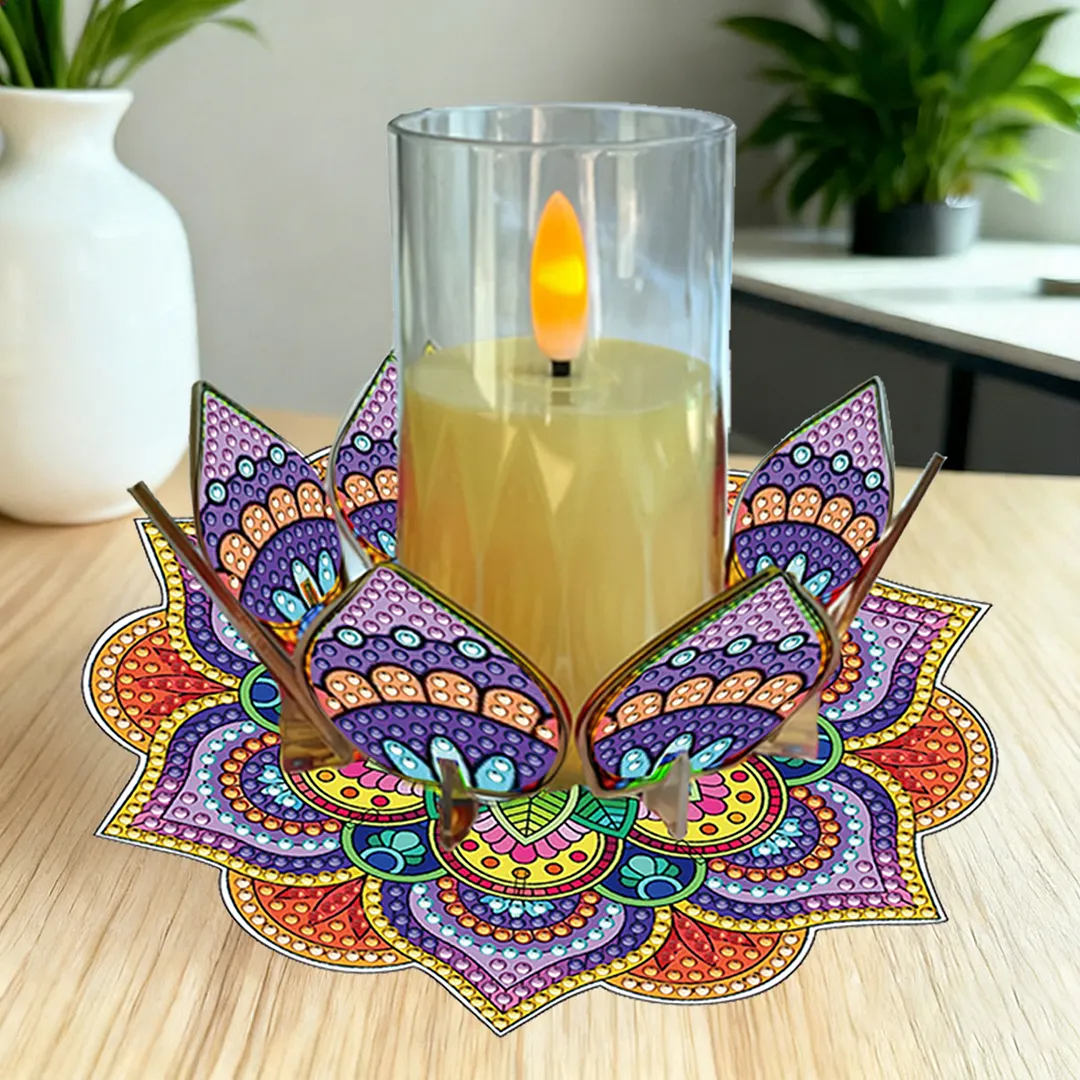 Mandala Lotus-D Acrylic DIY Diamond Painting Candle Holders Without Candles Crystal Painting Tealight Candle Stand Table Centerpiece for Adults Beginners Home Party Decor