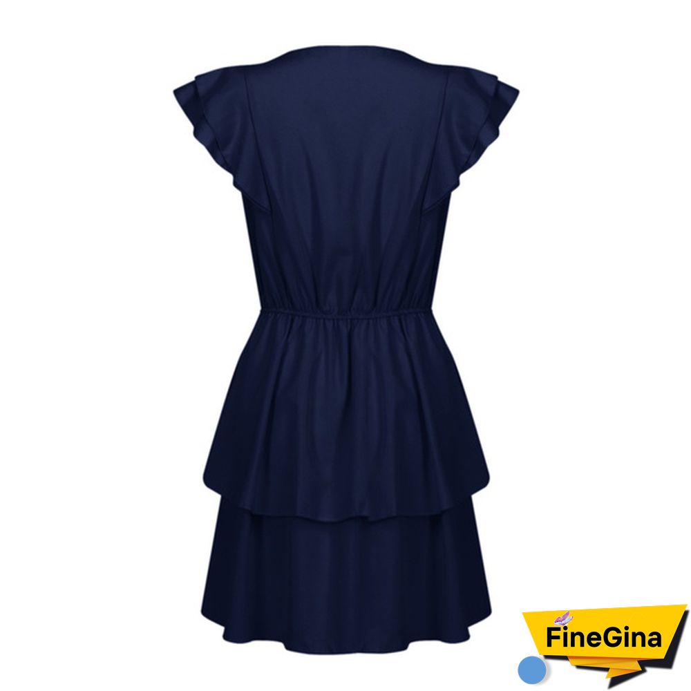 Summer Women's Fashion Solid Color Mini Dress O-Neck Ruffle Short Sleeve Dresses