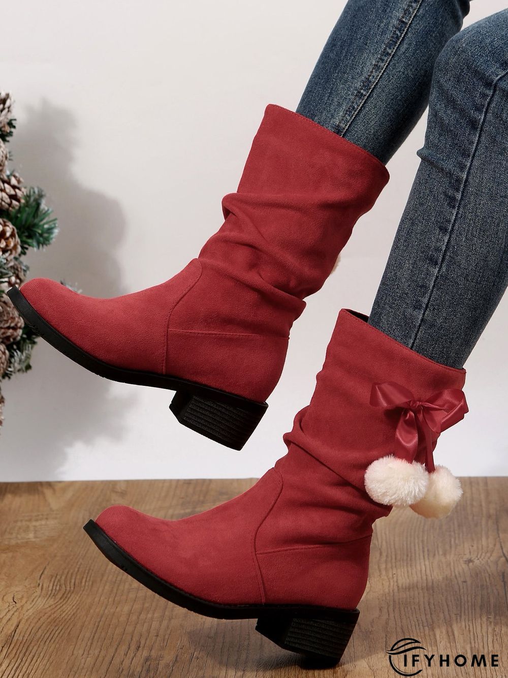 Christmas Pompom Decor Faux Suede Slouchy Boots | IFYHOME