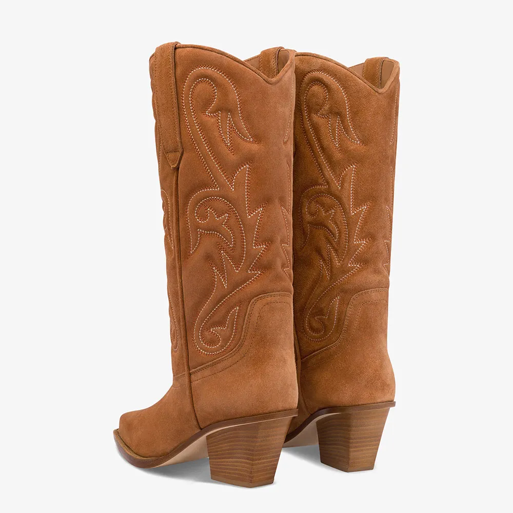 Brown Vegan Suede Chunky Heel Pointed Toe Mid-Calf Cowgirl boots