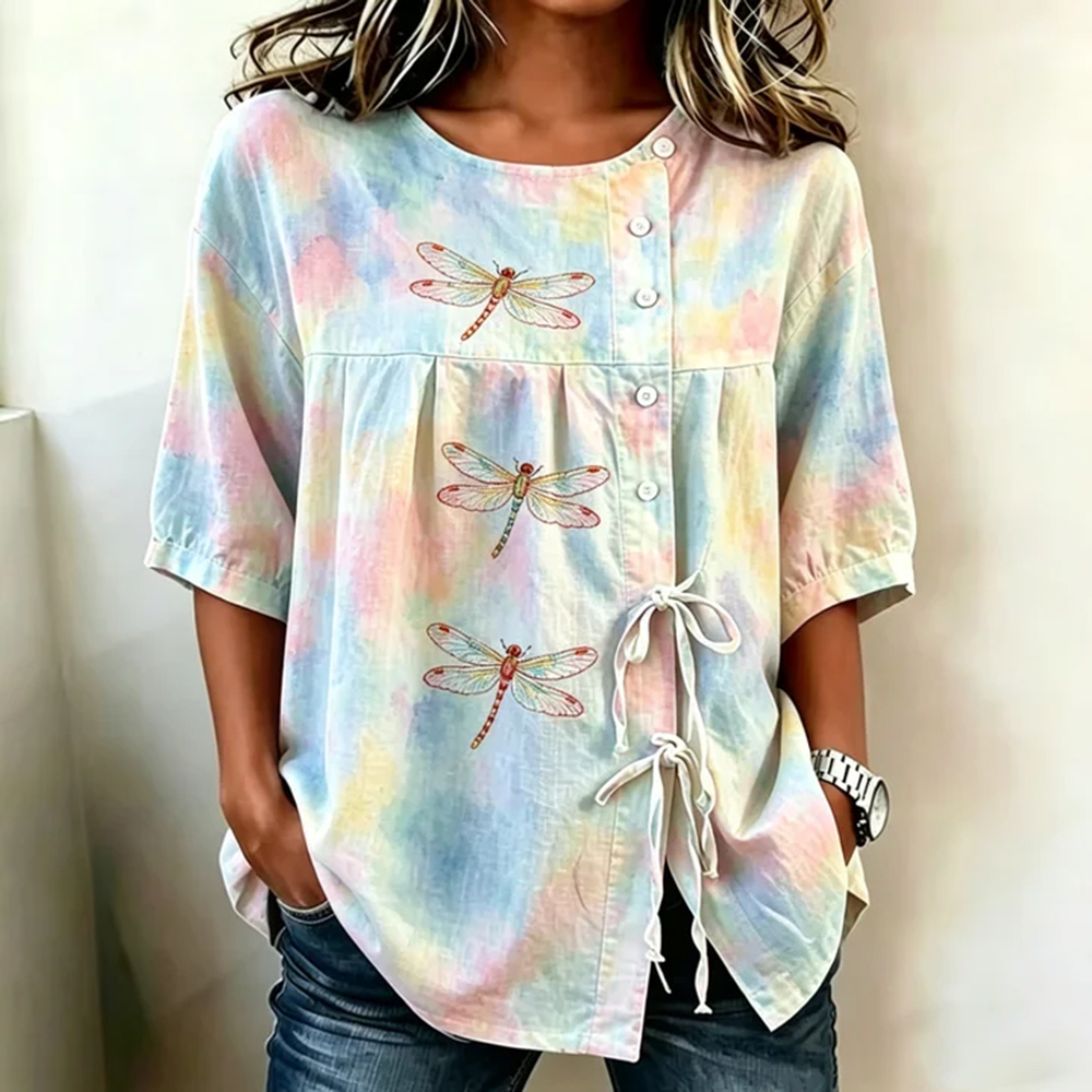 Comstylish Vintage Style Dragonfly Embroidered Artistic Color Tie-dye Waist Shirt