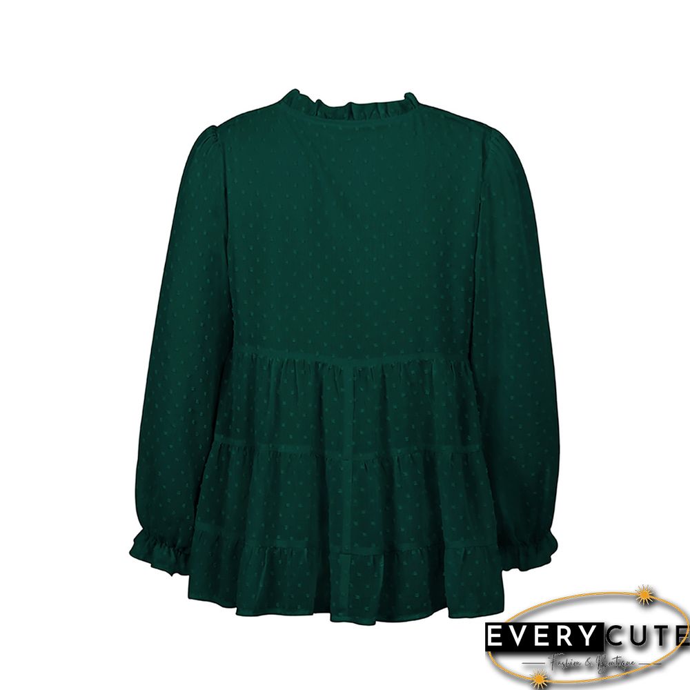Green Swiss Dot Lace Up Long Sleeve Tops