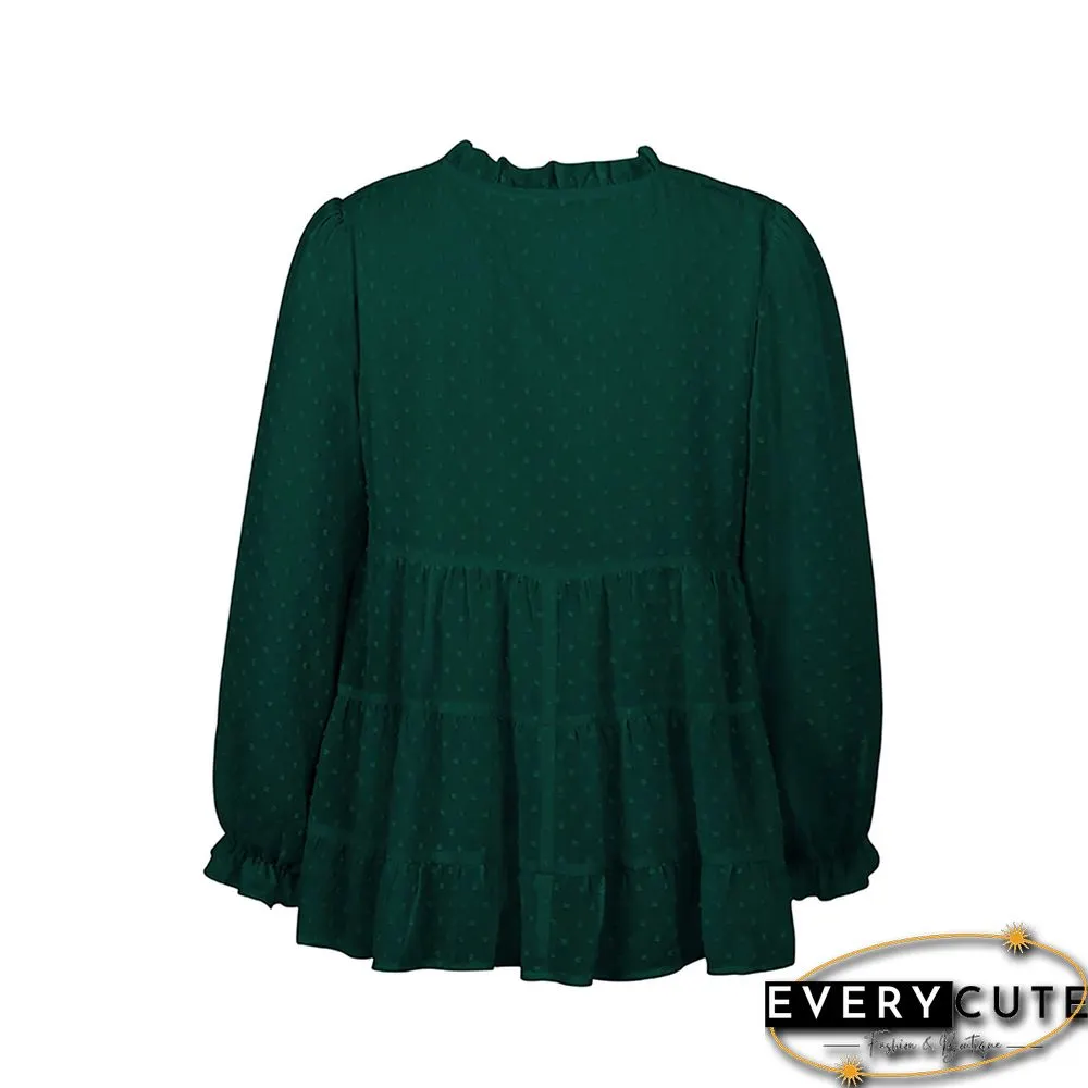 Green Swiss Dot Lace Up Long Sleeve Tops