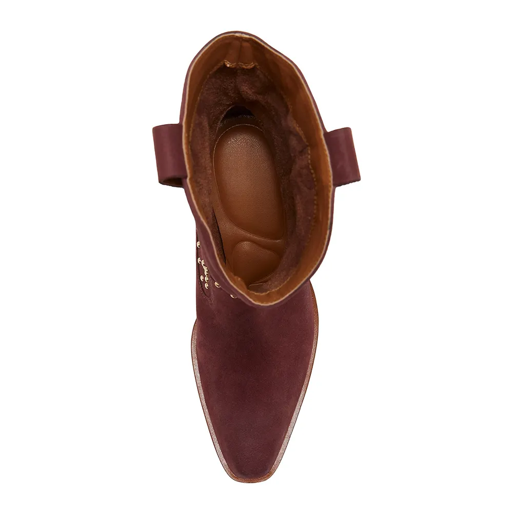 Maroon Vegan Suede Square Toe Studded Western Boots for Women