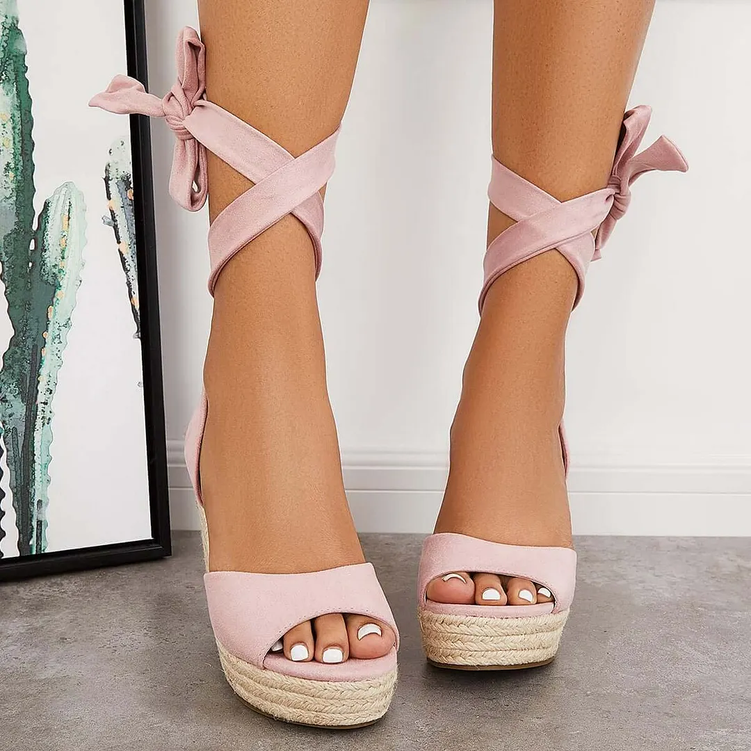 Lace up Espadrille Heel Platform Wedges Ankle Strap Sandals