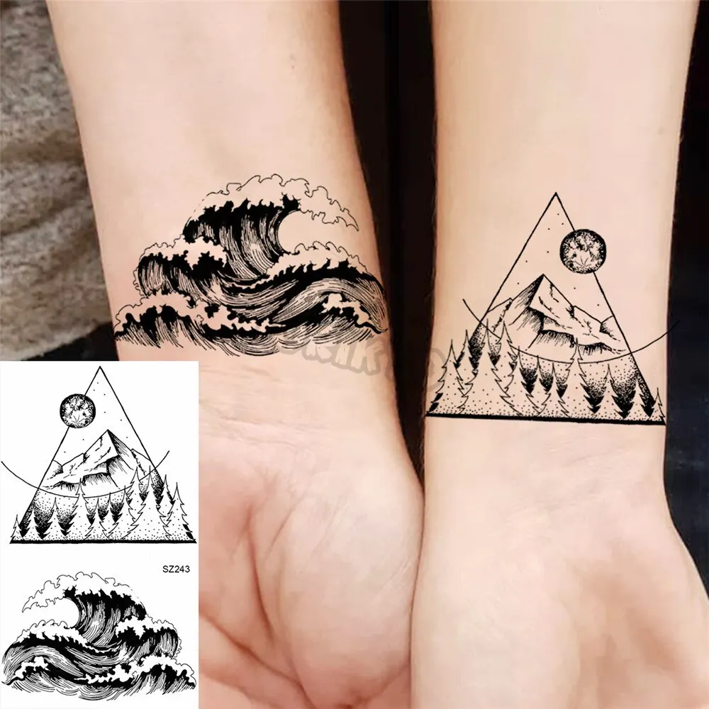 Black Dandelion With Creative Tattoos For Women Men Realistic Sea Wave Mountain Lavender Fake Tattoo Sticker Arm Leg Tatoos 3D