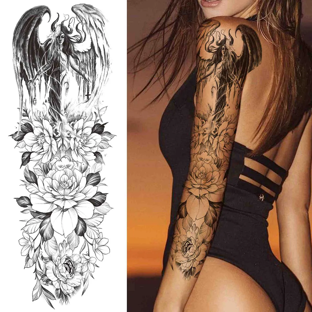 Sexy Girl Flower Temporary Tattoos For Women Men Black Lion Triangle Tattoo Sticker Fake Tribal Full Arm Sleeve Tatoos Paste 1108-1