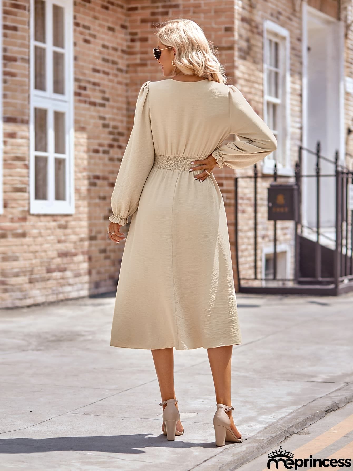 Buttoned V-Neck Flounce Sleeve Midi Dress