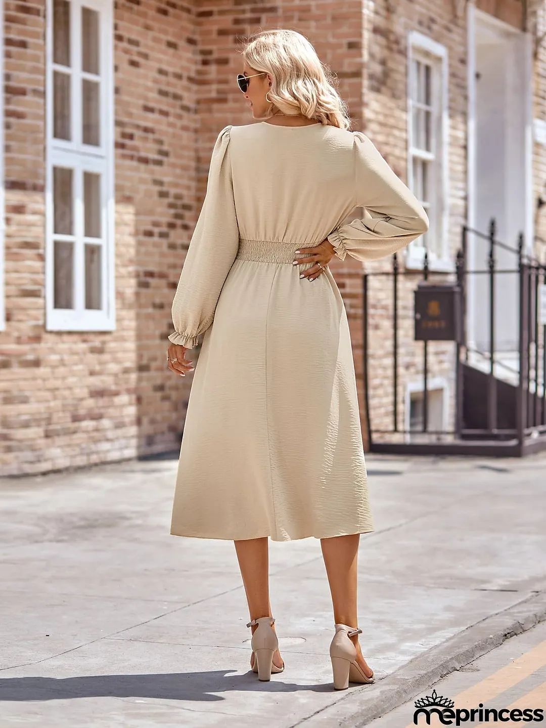 Buttoned V-Neck Flounce Sleeve Midi Dress