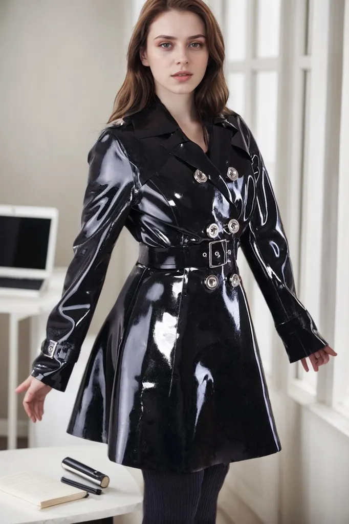 Women Latex Coat Black Trench Double-Breasted