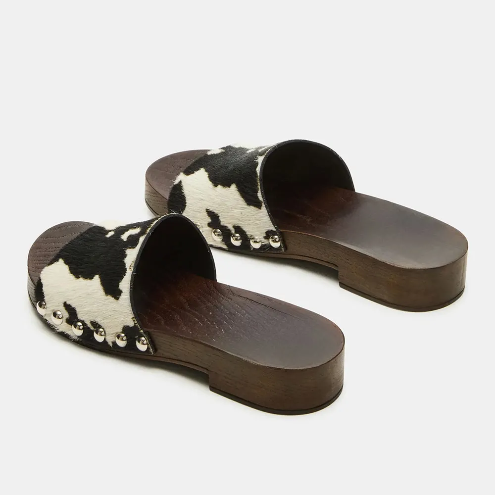 Black & White Faux Leather Round Toe Studded Clog Slides for Women