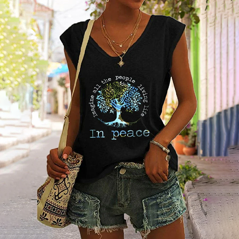 Hippie Vibe Imagine All The People Living Life In Peace Print V-Neck Sleeveless Tank Top artswardrobe