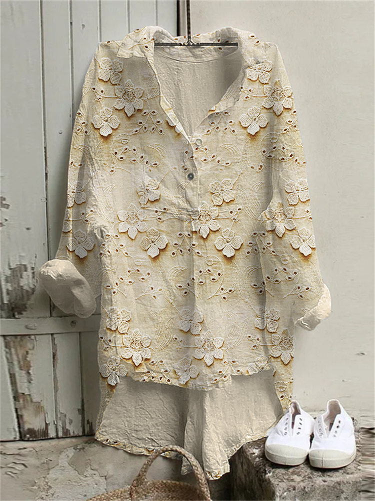 3D Floral Embroidered Lace Linen Blend Tunic artswardrobe
