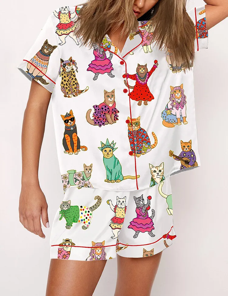 Women&rsquo;s Catwalk Around The World Cat Lover Short Sleeve Satin Pajama Set