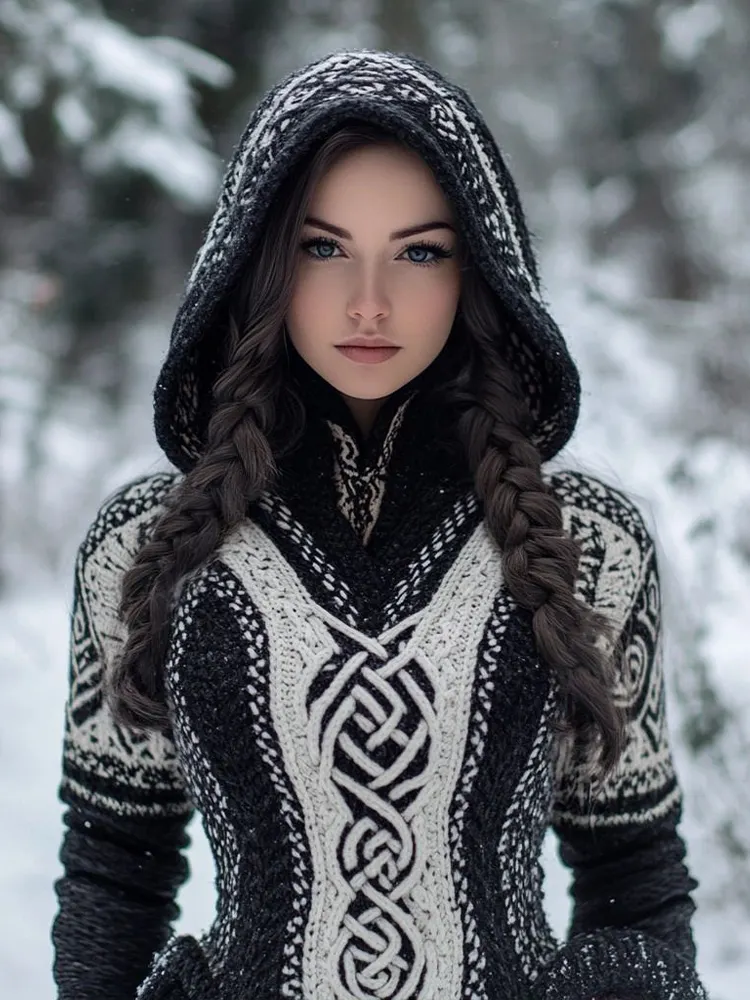 Women's Celtic Knot Jacquard Contrast Color Knit Hooded Sweater
