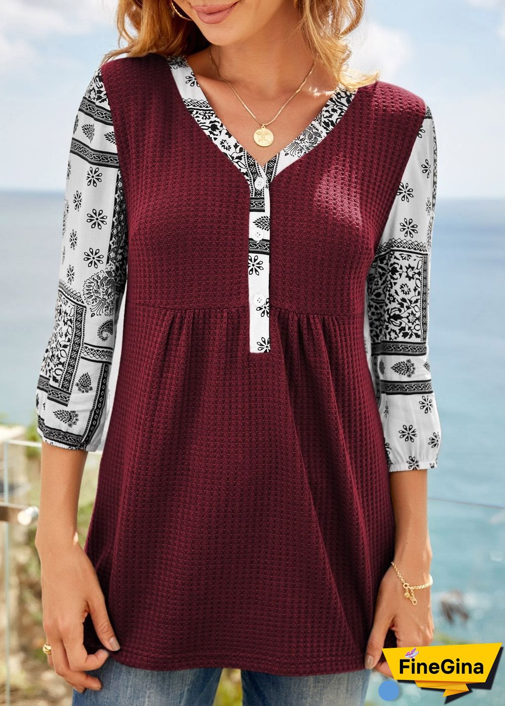 Leisure V Neck Pattern Sleeve Top