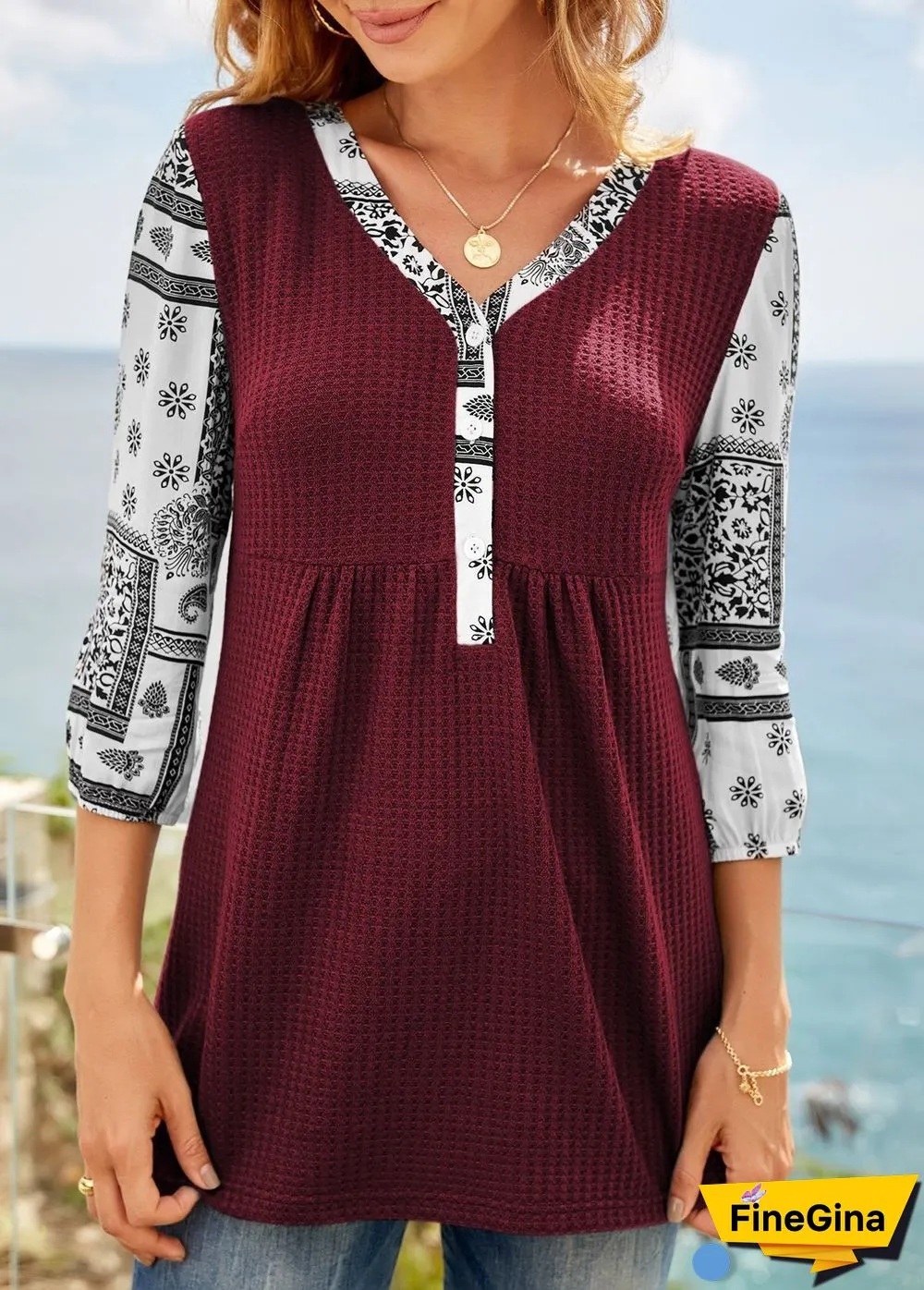 Leisure V Neck Pattern Sleeve Top
