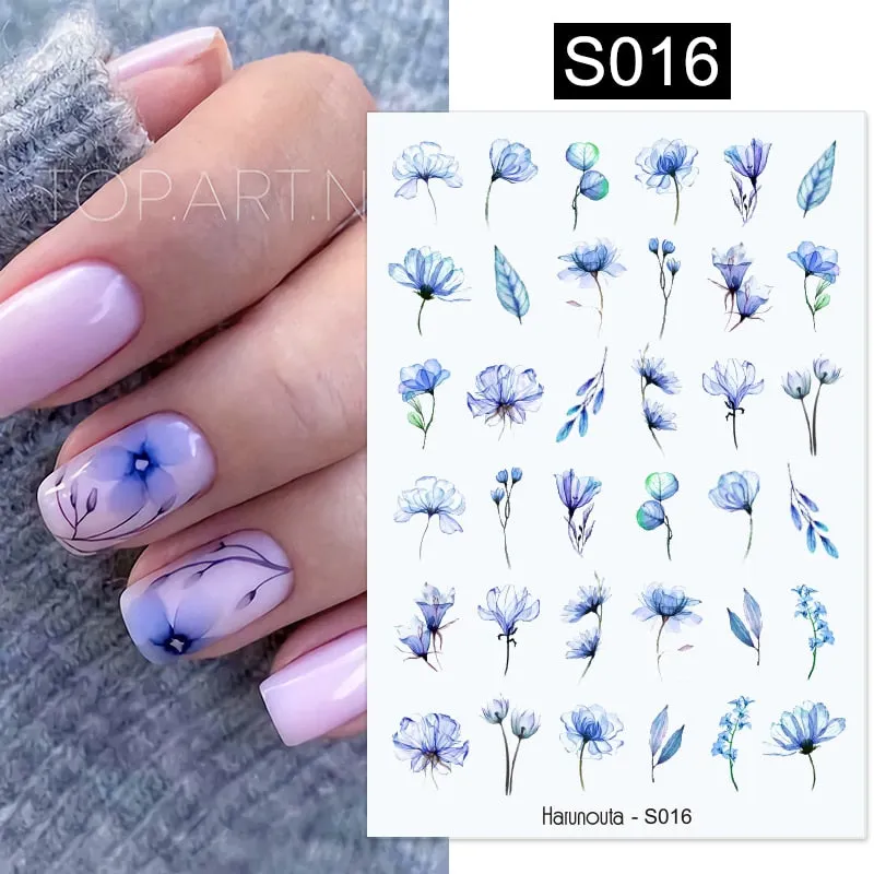 Harunouta Gold Flower Leaves Water Decals Slider Lines Geometrics Spring Summer Nail Art Transfer 3D Stickers DIY Watermarks-Nail Inspo