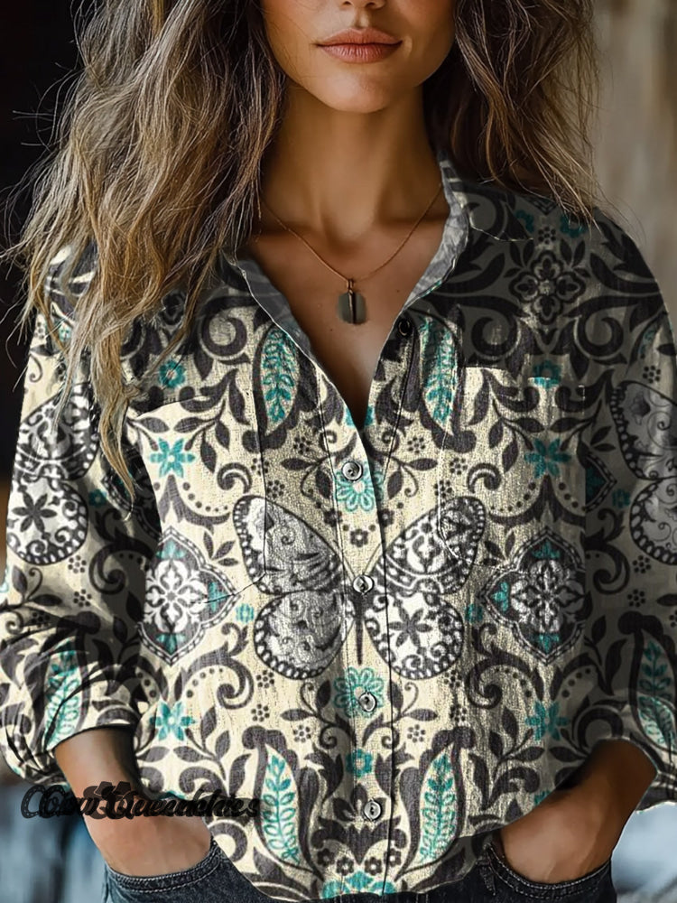 Women&rsquo;s Retro Butterfly Flowers Print Casual Long Sleeve Comfortable Cotton Shirt Multicolor / S