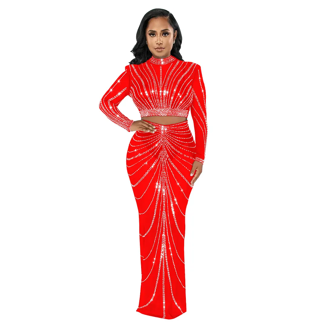 Churchf Churchf Fashion Women's Mesh Hot Drill Perspective Long-Sleeve Dress Two-Piece Set