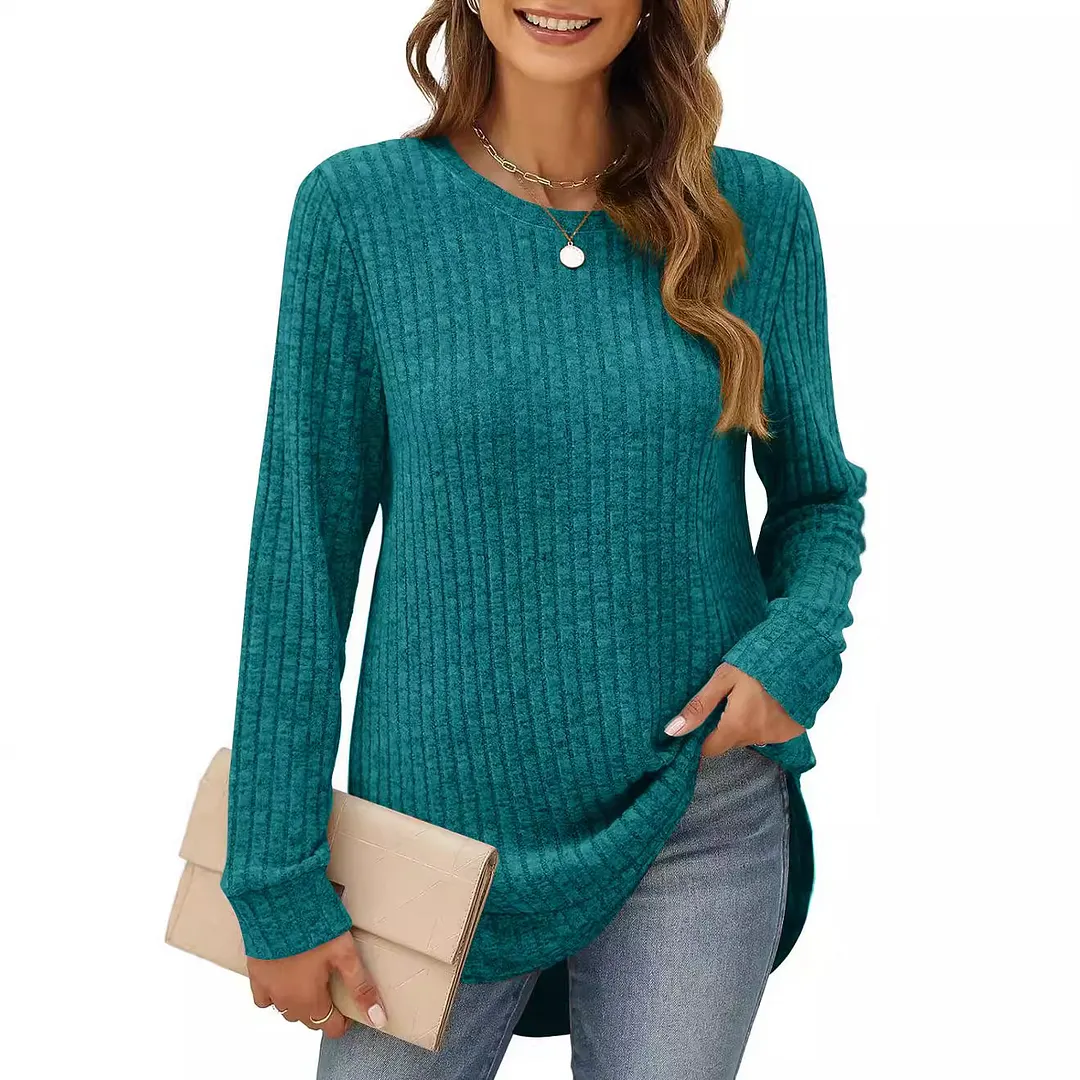 Churchf Churchf And Winter 2024 New Square Collar Pit Strip Solid Color Long-Sleeved Loose T-Shirt Top