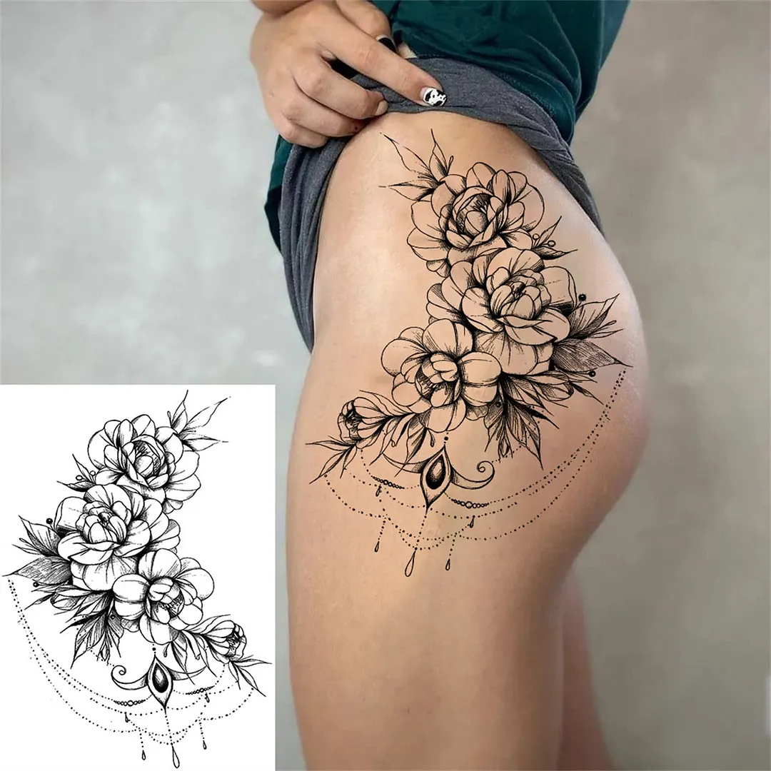 Flower Compass Temporary Tattoo For Women Girls Adult Rose Peony Tattoos Sticker Fake Black Floral Body Art Thigh Tatoos Paper